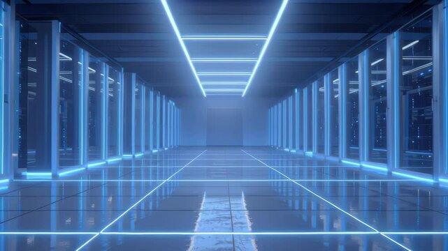 Futuristic Server Room with Neon Blue Lighting and Reflective Floor Space