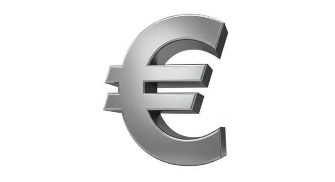 3d Render of Shiny Metal Euro Currency Symbol on Transparent Background