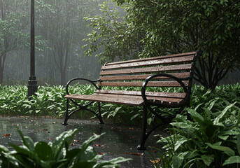 A wet wooden bench in a rain-soaked garden, with lush green foliage all around.