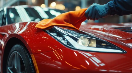 Close-up of gloved hand polishing a red sports car headlight with a microfiber cloth.