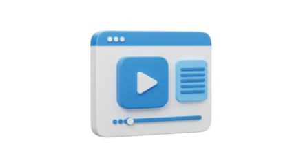 3D Rendered Blue Video Browser Window on Transparent Background