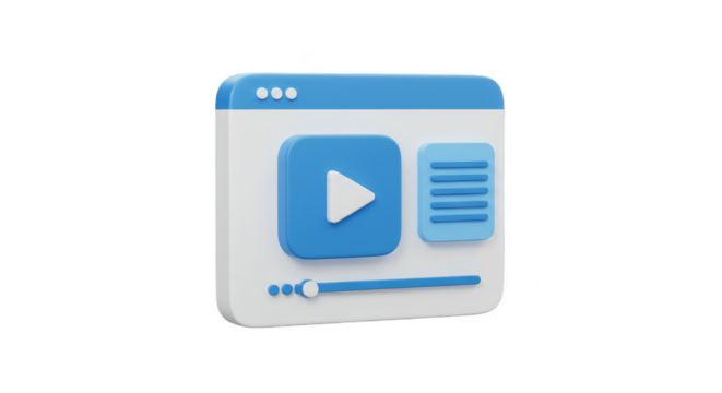 3D Rendered Blue Video Browser Window on Transparent Background