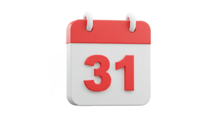 3D Render Red Calendar Date Is 31 Transparent Background Illustration
