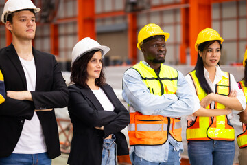 arm crossed Unity and teamwork. Engineering and civil factory team standing. Portrait engineer...