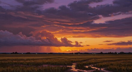 Obraz premium Impressionistic painting of a dramatic sunset over a rural landscape with rain