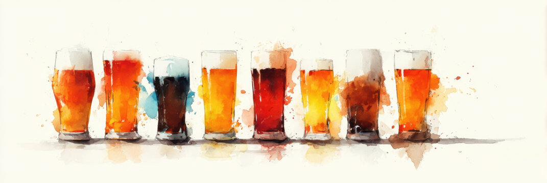 Watercolor beer glasses set on whte background. Isolated different kinds of beer glasses.