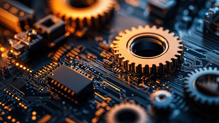 Abstract gears on a circuit board representing digital technology for business and industrial systems 