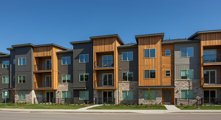a modern multifamily building, finished with Hardie plank siding on the exterior. modern apartment complex with a flat roof, combination of dark metal siding, light wood accents stone veneer,door, fac