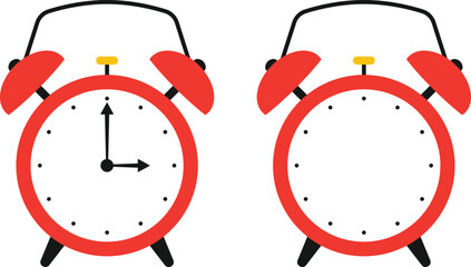 Red retro alarm clock vector illustration with one full and one empty face, flat cartoon style for time management, planner, or UI use