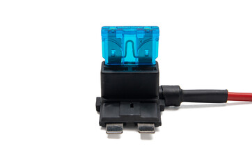 A fuse holder with a blue blade fuse stands upright, isolated on a white background. It is used to...