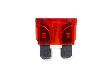A standard blade fuse with a visible fuse isolated on a white background. A device for protecting...