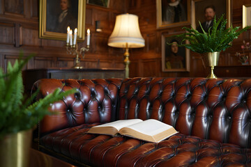 Obraz premium An open book rests on a luxurious tufted leather chesterfield sofa in a classic library setting