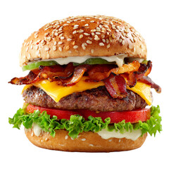 A tasty bacon cheeseburger isolated on transparent background, featuring a juicy beef patty, melted cheese, crispy bacon, and fresh lettuce and tomato