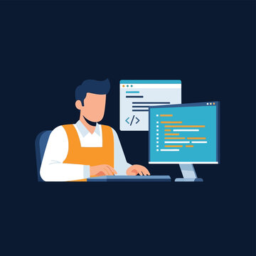 A cartoon illustration of a programmer working on multiple computer screens displaying code.