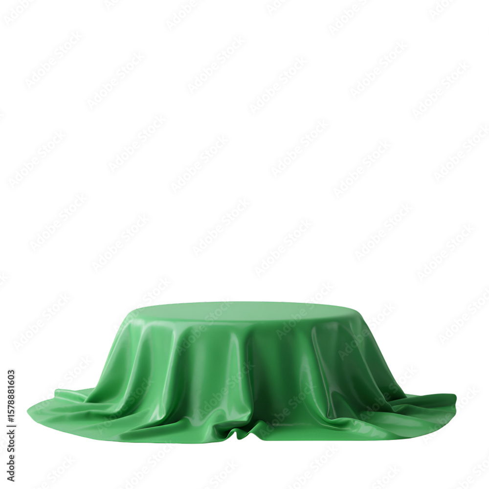 Poster 3d rendering green table covered with draped cloth isolated background