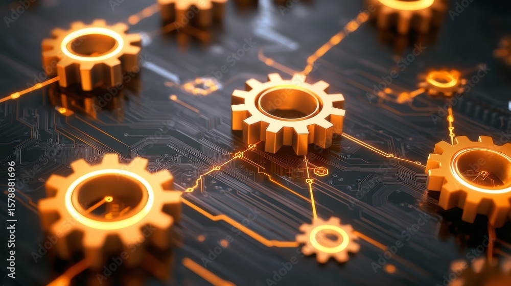 Poster golden gears interconnect on a circuit board, symbolizing complex system workflow and process.