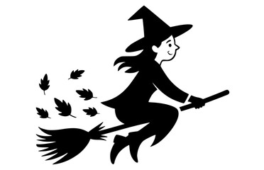Stylized cartoon witch flying on a broomstick with autumn leaves, an isolated black and white illustration perfect for Halloween event branding
