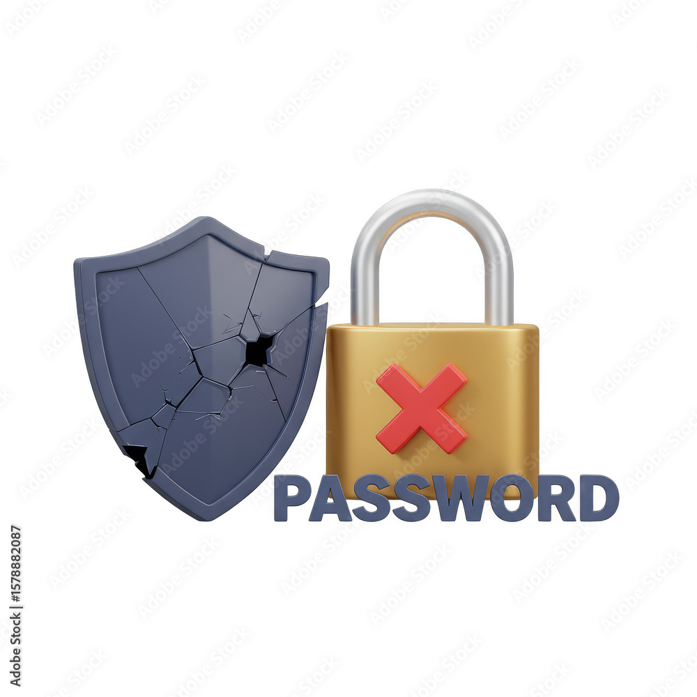 Poster 3d rendering broken shield password security internet protection