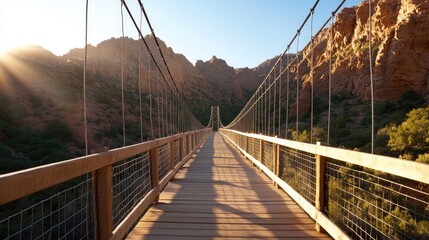 Obraz premium Suspension bridge spans a canyon under sunny skies