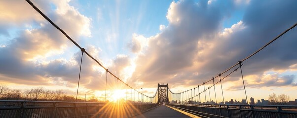 Obraz premium Suspension bridge at sunset dramatic sky landscape transportation concept