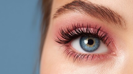Obraz premium Close-up of a beautiful woman's eye with long eyelashes, isolated on a blue background, featuring pink blush makeup, embodying beauty and skin care concepts with a clear, detailed view.