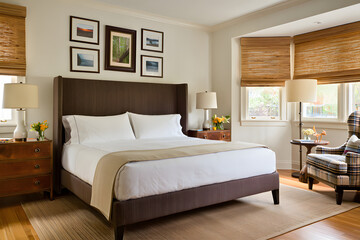 Elegant bedroom with a large bed matching nightstands and a comfortable armchair by the window