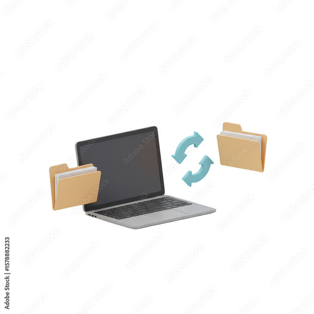 Poster 3d rendering laptop data transfer with folders arrows transparent