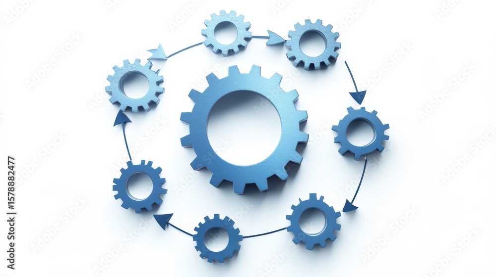 Poster interconnected gears in circular motion, representing teamwork, workflow, and process.