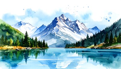 Fototapeta premium Watercolor mountain lake landscape (2)