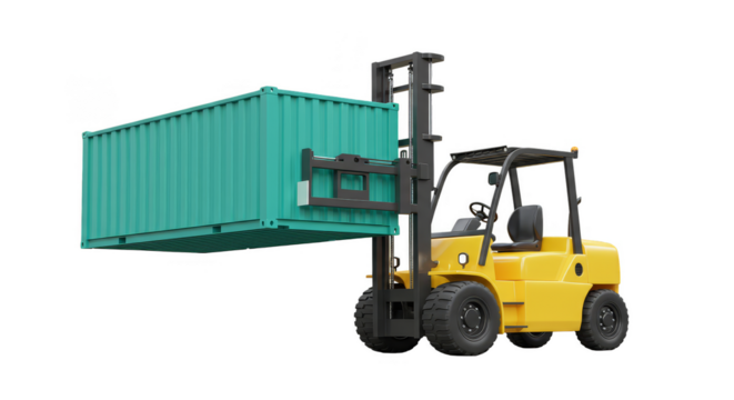 3D Rendering Forklift Lifting Green Container Transparent Background