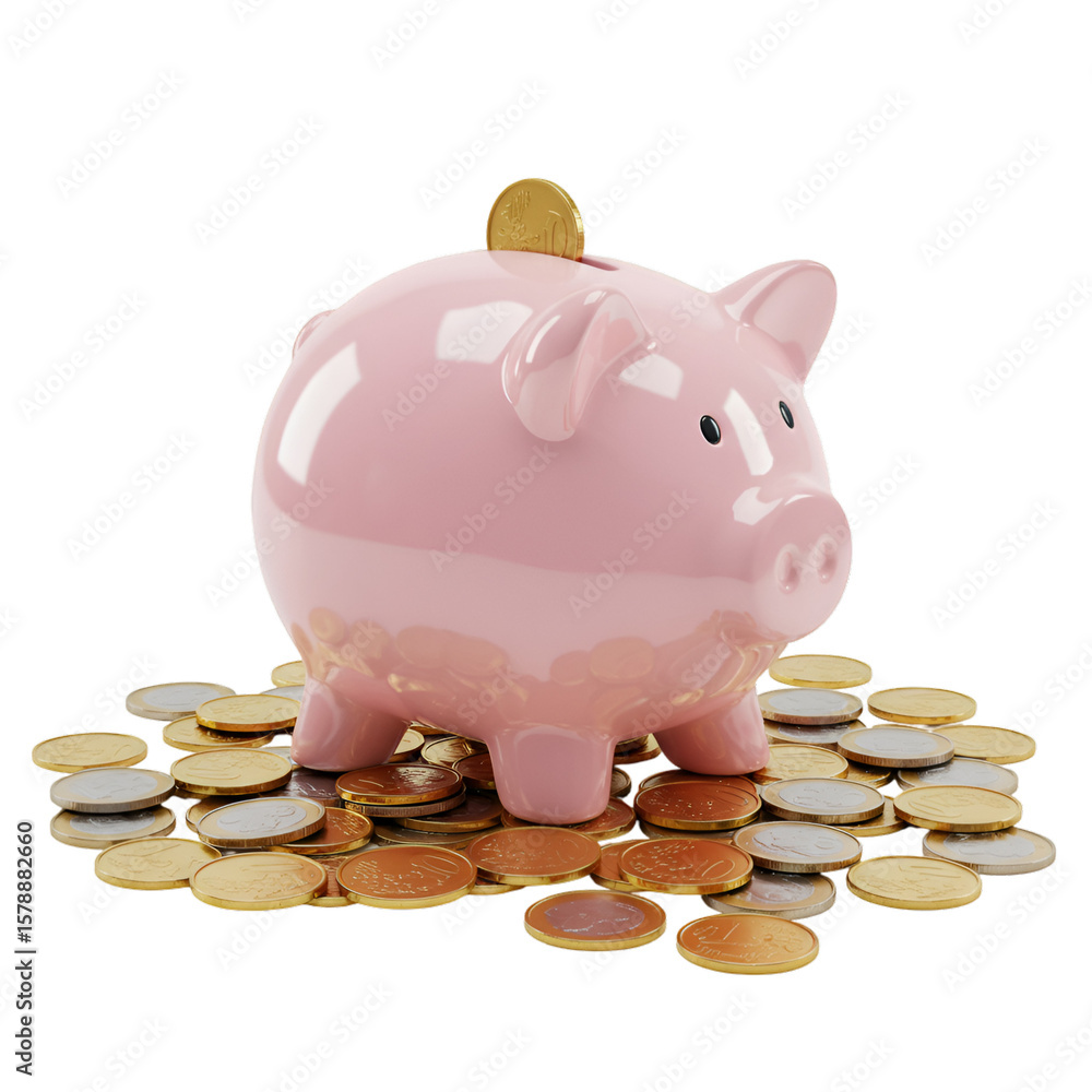 Poster 3d rendering pink piggy bank with coins isolated on transparent background