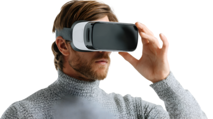 Man wearing a virtual reality headset with his hand adjusting it in a studio setting close up view