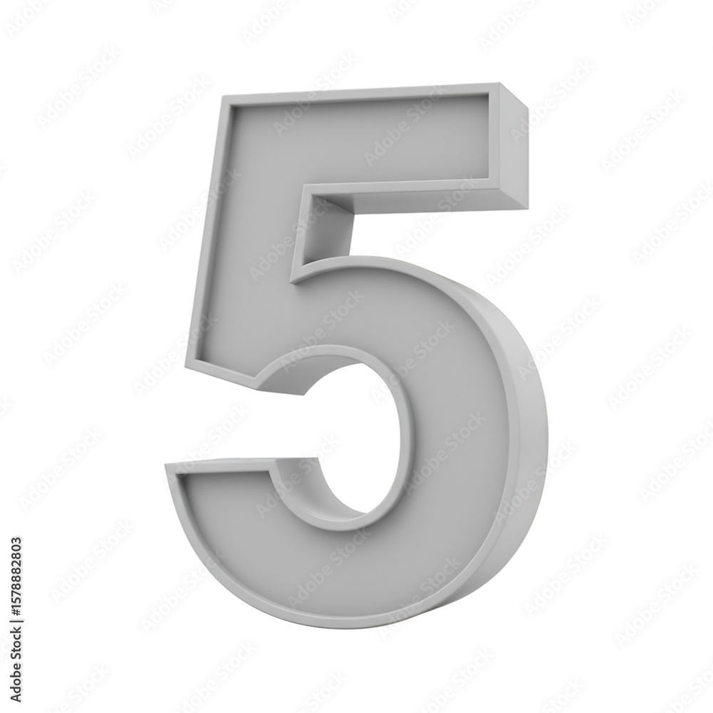 Poster 3d rendering number five in gray color numerical transparent background