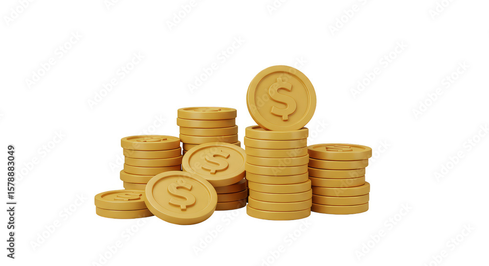 Poster 3d rendering stacks of golden coins dollar symbols transparent png