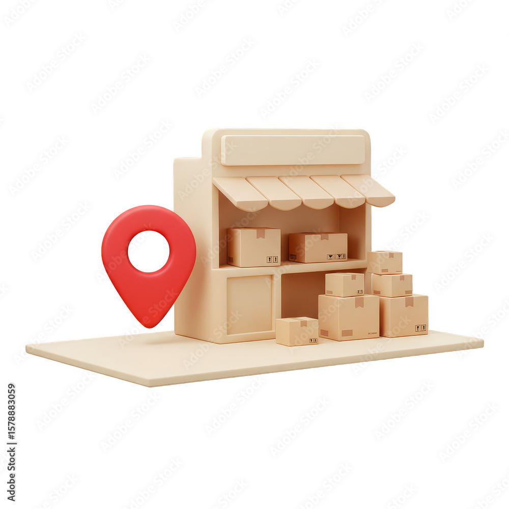 Poster 3d rendering store with location pin packages for delivery business