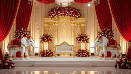 Fototapeta premium Stage surrounded by elephant statues, floral domes, and intricate red-gold fabrics