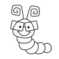 Cute Cartoon Caterpillar with Glasses and Antenna. Black and White Vector Illustration. A happy cartoon caterpillar drawing in a simple black and white outline style.