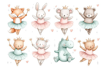 Cute baby ballerina animals in pastel dresses with magic wands, mouse bear bunny unicorn illustration set 