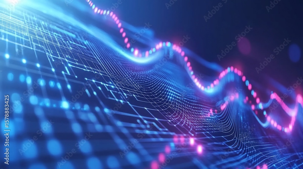 Poster abstract technology graph with digital line waves in shades of blue and pink light patterns
