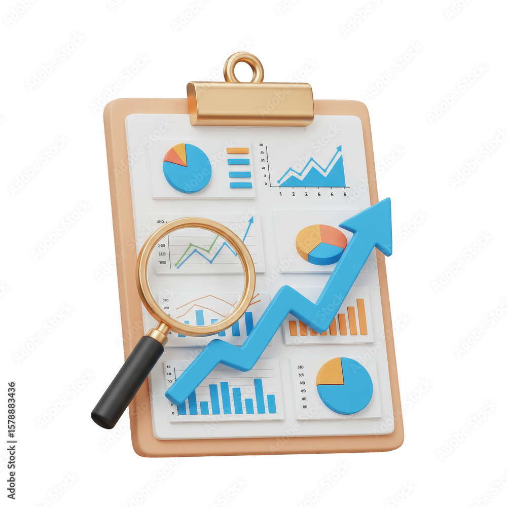 Poster 3d report with statistic charts increase magnifier on clipboard