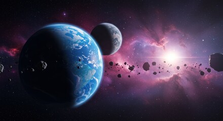 Two planets and an asteroid belt in a vibrant purple nebula with a bright star