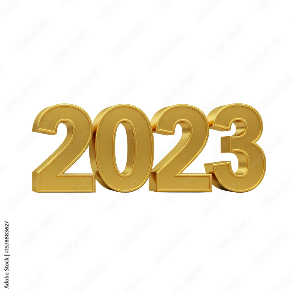 Poster 3d rendering of golden 2023 number isolated on transparent background