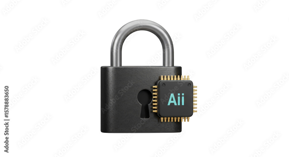Poster 3d security padlock with ai chip technology data protection system