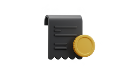 3D Rendering of Golden Coin and Black Receipt Transparent Background