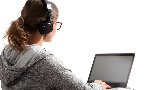 A woman with headphones using a laptop in a gray hooded sweatshirt from a rear view angle in isolation