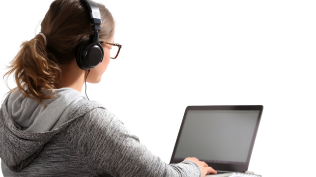 A woman with headphones using a laptop in a gray hooded sweatshirt from a rear view angle in isolation