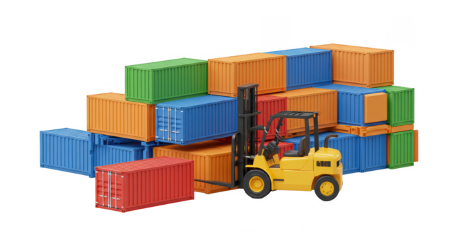 3D Rendering of Colorful Cargo Containers Stacked with Yellow Forklift