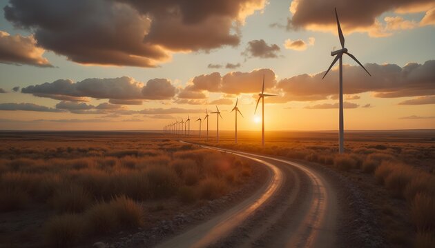 A dirt road leading to wind turbines in a desert landscape during sunset