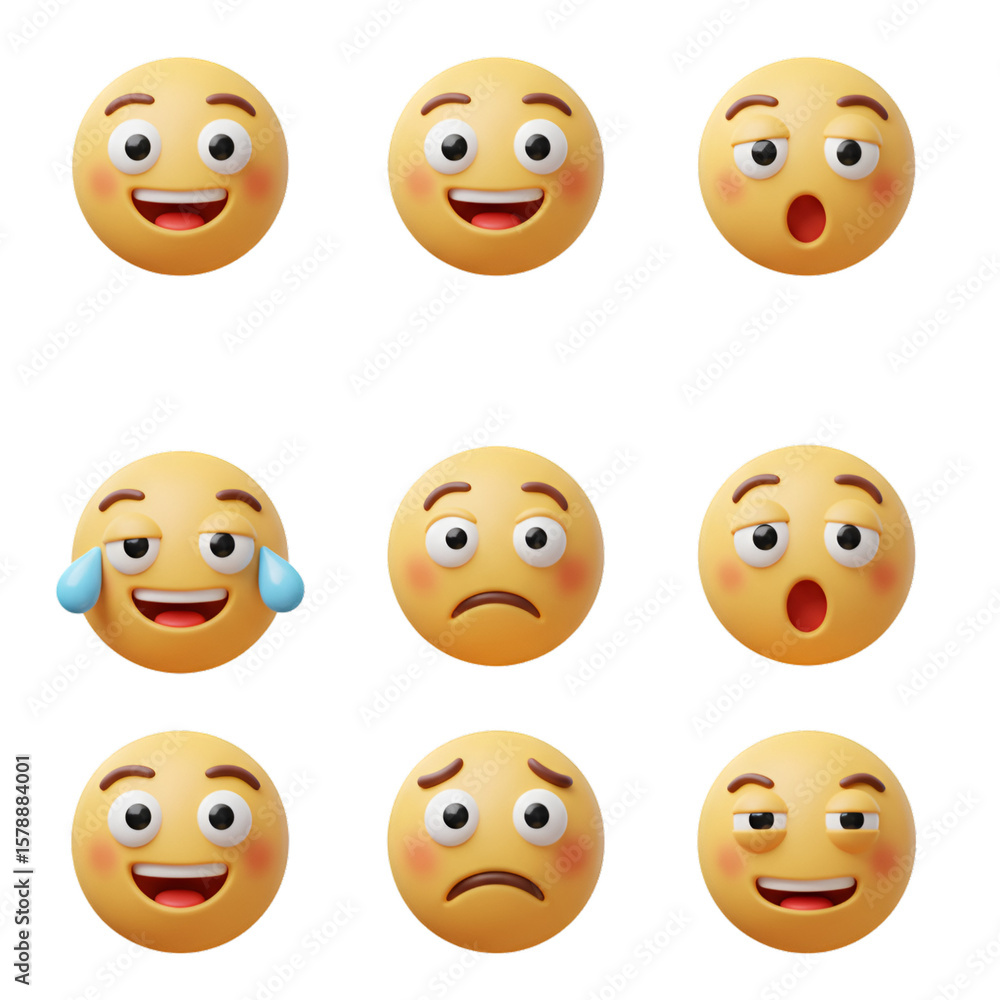 Poster 3d rendering of nine yellow emoji faces with various expressions