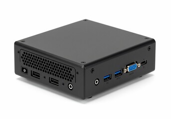 Compact black mini PC with various ports on a white background, studio shot